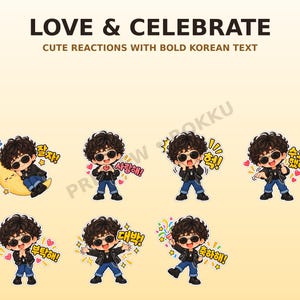 Op de afbeelding: Een digitale stickerset met een stripfiguur met krullend haar en een zonnebril, gekleed in een zwart jasje en een blauwe spijkerbroek. Het personage voert verschillende acties uit, waaronder slapen op een maan en vieren met Koreaanse tekst.