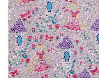 Whimsical Princess and Castle Cotton Pre Cut Fabric in Pinks and Purples with Silver Foil Accents