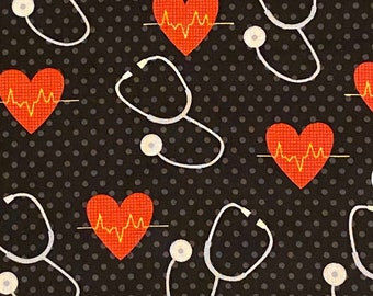 Doctor Nurse Stethoscope & Heart EKG Print 100% Cotton Fabric Last piece 1 Yard