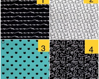 Kitty Cat Cotton 5 Fabric designs. Black, White and Turquoise