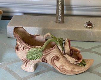 Vintage Vee Jackson Pottery Ceramic Shoe with Deep Pink Rose