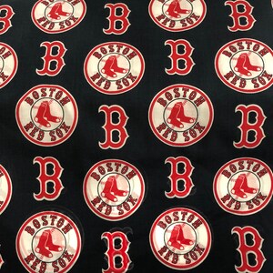 May include: Dark navy fabric featuring a repeating pattern of the Boston Red Sox logo and the letter "B". The logo includes a white circle with red text and a pair of red socks. The letter "B" is in red.
