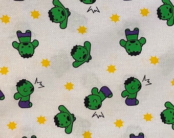 The Hulk Cotton Fabric  Character Nursery Collection - Daddy's Little Hulk Green, Purple, Yellow on White