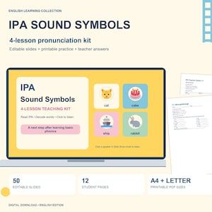 May include: An English learning collection titled IPA Sound Symbols, a 4-lesson pronunciation kit featuring editable slides and printable practice pages. The display shows a digital screen with IPA symbols, illustrations of a cat, cake, ship, and rabbit.