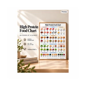 May include: A framed High Protein Food Chart poster displaying 66 foods categorized by type with protein content per 100g. The text includes High Protein Food Chart, 66 Foods at a Glance, Digital Download, A4, A3, US Letter, and WellnessVidaCo.