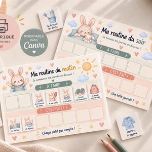 May include: Two printable routine charts for children featuring illustrations of a rabbit. One chart is titled Ma routine du matin and the other Ma routine du soir. Both include sections labelled A FAIRE and C'EST FAIT with small square tiles depicting daily tasks like brushing teeth, eating breakfast, and getting dressed.