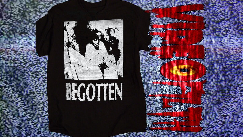 May include: A black short-sleeve t-shirt featuring a white square graphic of a figure and the text BEGOTTEN. To the right, a vertical red graphic with a yellow eye design and the text VIDEODROME appears to be melting or dripping downward.