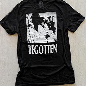 May include: A black short-sleeve t-shirt featuring a white rectangular graphic print on the chest. The graphic depicts a high-contrast, grainy scene with the word BEGOTTEN printed in a distressed, bold white font directly below the image.