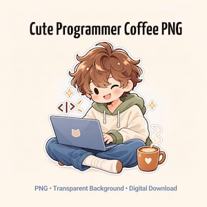 May include: A digital illustration of a person with brown hair wearing a beige and green hoodie and blue pants, sitting cross-legged while using a laptop with a cat logo. Beside them is a brown coffee mug with a heart design and code symbols.
