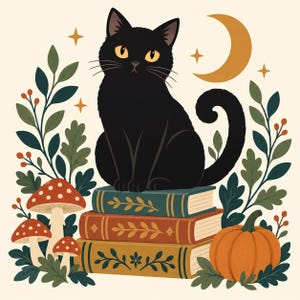 May include: A black cat with yellow eyes sits atop a stack of three books. The scene is surrounded by green foliage, red-spotted mushrooms, an orange pumpkin, and a golden crescent moon with small four-pointed stars on a cream background.