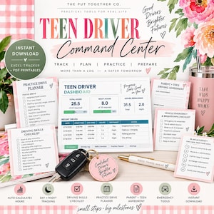 Puede incluir: Un kit Teen Driver Command Center que incluye un tablero, planificador de conducción, lista de habilidades, acuerdo entre padres e hijos y lista de emergencia. Incluye un llavero de coche, un bolígrafo con texto y un vaso rosa con texto.