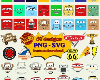 May include: A digital collection of over 50 graphic designs featuring various character faces from the Cars movie franchise, including logos like Rust-eze, Dinoco, Route 66, and the number 95, presented in PNG and SVG file formats for download.