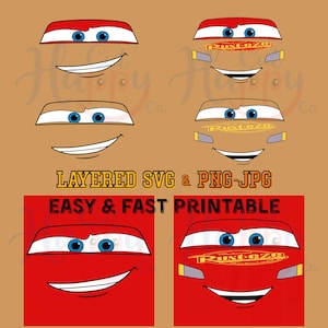 May include: A digital graphic set featuring six variations of a cartoon car face with blue eyes, white windshields, and smiling mouths. Some designs include the Rust-eze logo and yellow headlights. Text reads LAYERED SVG & PNG-JPG EASY & FAST PRINTABLE.
