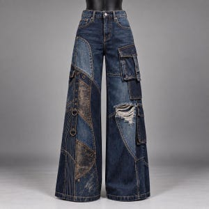 Patchwork-Cargojeans mit weitem Bein, Used-Look-Jeans aus Denim, Vintage-Stil
