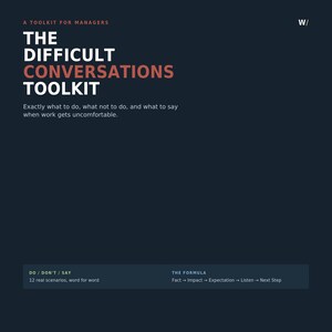May include: A dark blue graphic with white and red text reading A TOOLKIT FOR MANAGERS THE DIFFICULT CONVERSATIONS TOOLKIT. It includes the subtitle Exactly what to do, what not to do, and what to say when work gets uncomfortable, plus DO/DON'T/SAY and THE FORMULA.