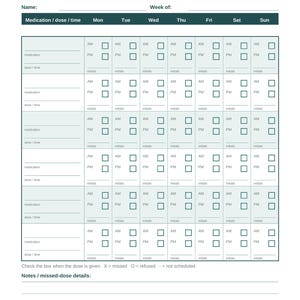 Peut inclure: Un formulaire de suivi d'administration de médicaments avec un en-tête et une grille bleu sarcelle foncé. Il comprend des champs pour le nom, la semaine et les détails des médicaments. La grille présente des colonnes pour les jours.