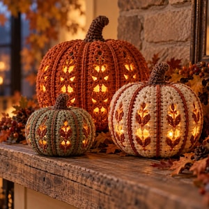 May include: Three crocheted pumpkins in orange, cream, and sage green, each featuring a brown stem and intricate openwork leaf patterns. The pumpkins are illuminated from within, casting a warm glow through the textured yarn stitches.