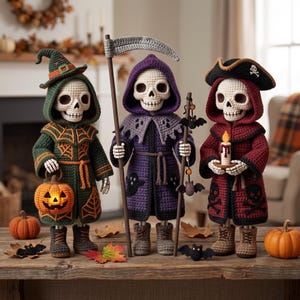 Puede incluir: Tres muñecos esqueleto de ganchillo vestidos con disfraces de Halloween. El muñeco de la izquierda lleva una túnica verde con telarañas naranjas y sostiene una calabaza. El central lleva una túnica morada y sostiene una guadaña. El de la derecha lleva un disfraz de pirata rojo y sostiene una vela.