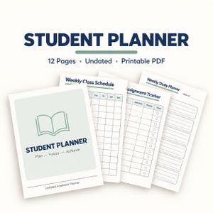 Puede incluir: Un conjunto de 12 páginas de planificador estudiantil en PDF imprimible sin fecha. La portada muestra un icono de libro y el texto STUDENT PLANNER Plan - Focus - Achieve. Las páginas adicionales incluyen un horario de clases semanal, un rastreador de tareas y un planificador de estudio semanal con cuadrículas y líneas.