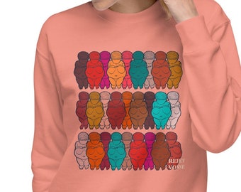 Unisex Premium Sweatshirt -"Willendorf World" by Rehcy Vonne, Venus of Willendorf, Fertility Goddess, Gaia, Archaeology, Rainbow, Women