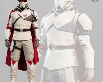 May include: A full-body costume featuring a white and beige tactical jacket with a red cape, matching trousers, and a helmet with a red visor. The jacket displays a circular red skull emblem on the chest and a black belt with a central circular buckle.