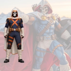 May include: A collectible action figure of a character wearing a white skull mask, a white hooded cape, and a blue and orange tactical suit with a utility belt. The figure stands in a rigid pose, featuring detailed armor plating and white boots.