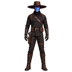 Bounty hunter cosplay costume inspired by Cad Bane with long brown coat, holster, gloves and thigh strap.