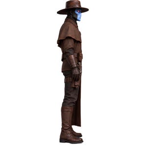 Cad Bane character outfit with brown coat, black inner clothing, neck scarf, utility belt and dark pants.