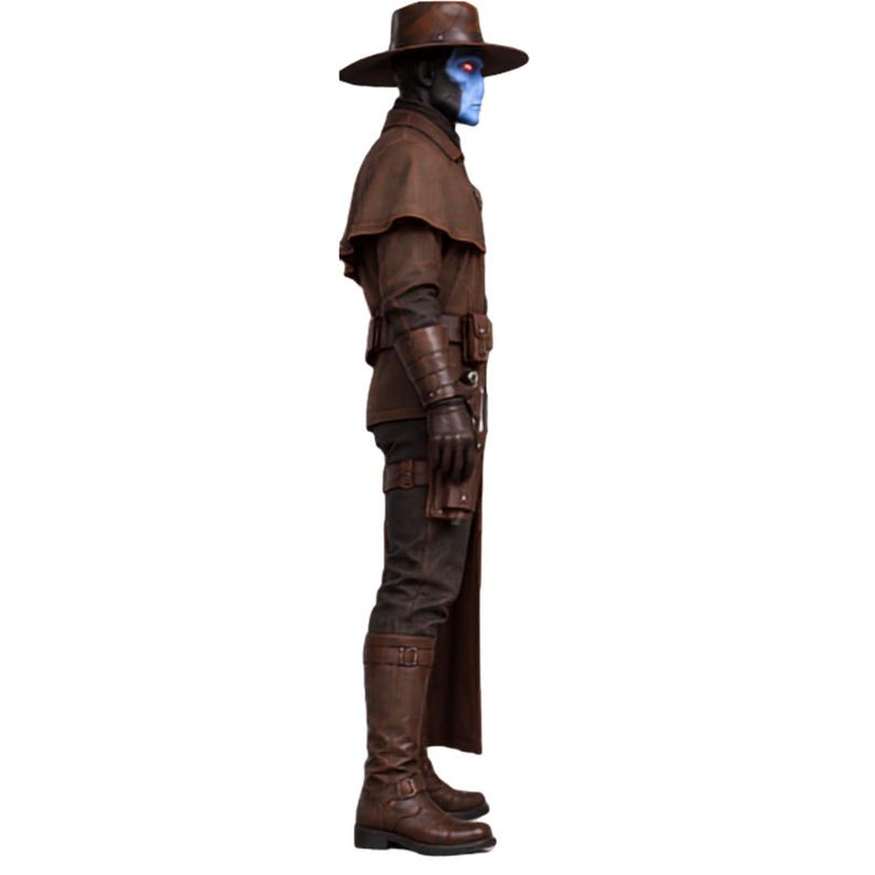 Cad Bane character outfit with brown coat, black inner clothing, neck scarf, utility belt and dark pants.