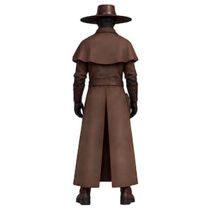 Cad Bane bounty hunter cosplay featuring a long brown coat, holster, dark clothing and tactical accessories.
