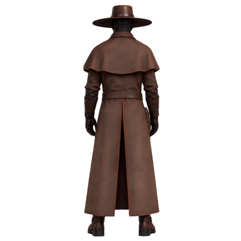 Cad Bane bounty hunter cosplay featuring a long brown coat, holster, dark clothing and tactical accessories.