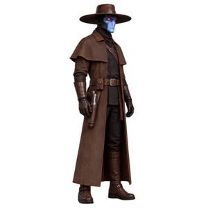 Sci fi western cosplay costume featuring a long brown duster coat, utility belt and gunslinger styling.
