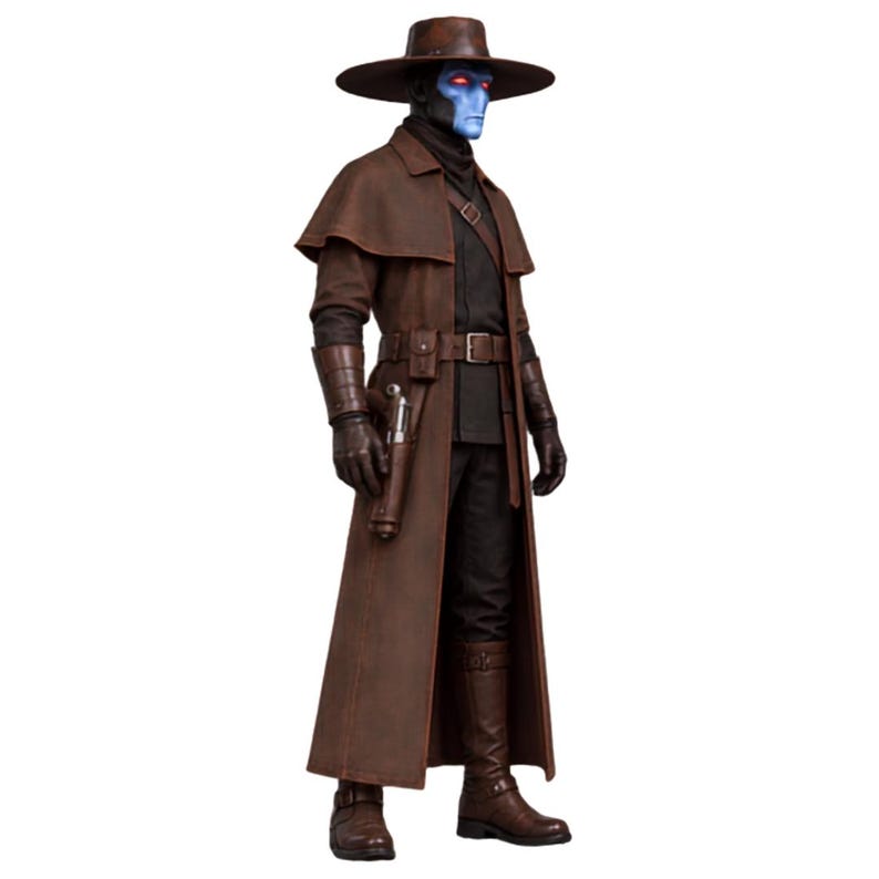 Sci fi western cosplay costume featuring a long brown duster coat, utility belt and gunslinger styling.