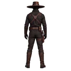 Star Wars western cosplay featuring a Cad Bane inspired brown duster coat and bounty hunter accessories.