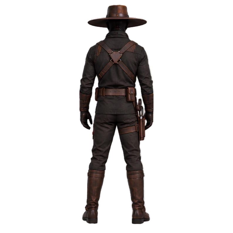 Star Wars western cosplay featuring a Cad Bane inspired brown duster coat and bounty hunter accessories.
