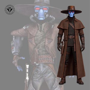 Cad Bane cosplay costume from Star Wars featuring a long brown duster coat and bounty hunter outfit.