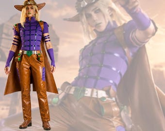 May include: A costume featuring a purple short-sleeved top with a grid pattern, brown leather-like trousers, and a brown cape. The outfit includes a wide-brimmed brown hat with a metallic band, purple arm sleeves, and a belt with green accents.