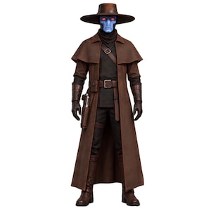 Star Wars Cad Bane costume with brown western coat, dark pants, utility belt and cross body harness.