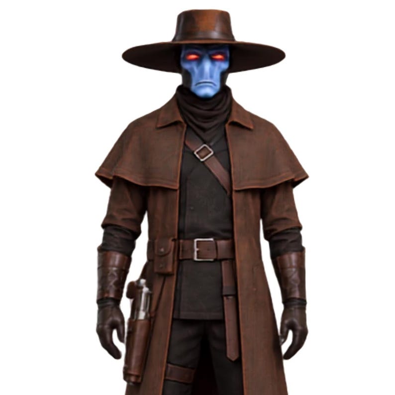 Star Wars bounty hunter costume inspired by Cad Bane with brown duster coat and sci fi western styling.
