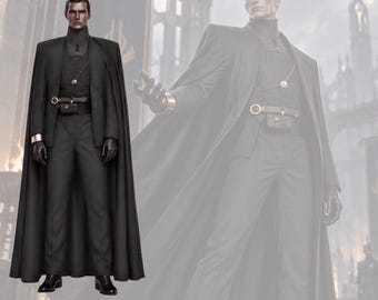 May include: A collectible action figure wearing a black high-collar jacket, matching trousers, and a long flowing cape. The outfit includes a dark belt with a small attached pouch, a metallic chest chain with a circular pendant, and gold wrist cuffs.