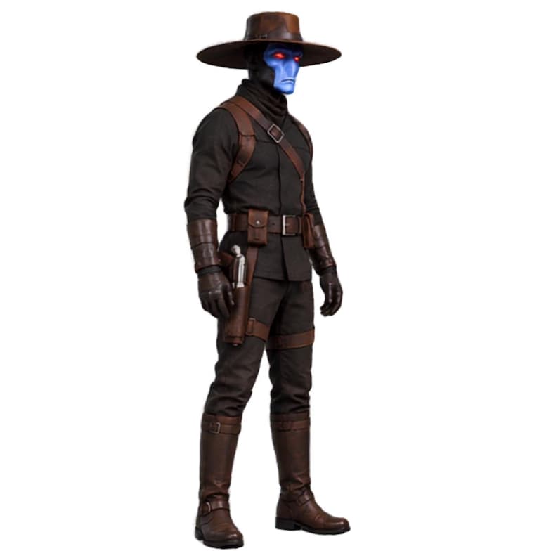 Space cowboy costume with long brown coat, cross body strap, holster and sci fi bounty hunter styling