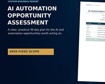 Può includere: Un documento digitale intitolato AI Automation Opportunity Assessment per Riverside Mechanical Services. Il rapporto delinea un piano di 30 giorni per le opportunità di automazione, con una tabella che dettaglia l'azienda, l'ambito e le informazioni di consegna.