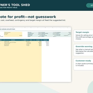 May include: A digital spreadsheet titled Contractor estimate and profit check with columns for category, description, quantity, unit, unit cost, and line cost. The document includes sections for target margin, override warning, and customer-ready summaries.
