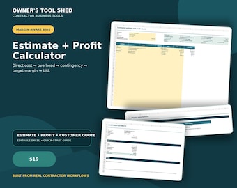 May include: An editable Excel estimate and profit calculator spreadsheet for contractors. The interface features a dark teal background with white text, including the title Owner's Tool Shed, Margin-Aware Bids, and Estimate + Profit Calculator.