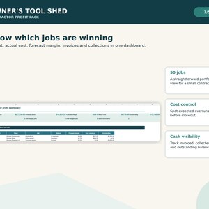 May include: A digital dashboard titled Owner's Tool Shed Contractor Profit Pack. It displays financial metrics like revenue, profit, and cost. Three boxes on the right highlight 50 jobs, cost control, and cash visibility for small contractors.