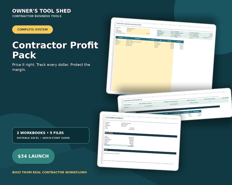 May include: A digital Contractor Profit Pack system featuring spreadsheets with text including OWNER'S TOOL SHED, CONTRACTOR BUSINESS TOOLS, COMPLETE SYSTEM, Contractor Profit Pack, Price it right. Track every dollar. Protect the margin, 2 WORKBOOKS 5 FILES, and BUILT FROM REAL CONTRACTOR WORKFLOWS.