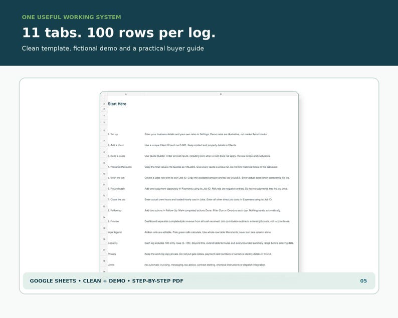 Pu&ograve; includere: Un modello di foglio di calcolo digitale con 11 schede e 100 righe per registro. Il documento include una pagina iniziale con istruzioni per la configurazione aziendale, la gestione dei clienti, i preventivi e il monitoraggio.