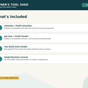 May include: A digital document titled Owner's Tool Shed Contractor Profit Pack listing four included items: an Estimate + Profit Calculator, a Job Cost + Profit Tracker, two Quick Start Guides, and a Single-Business License, totaling five files.