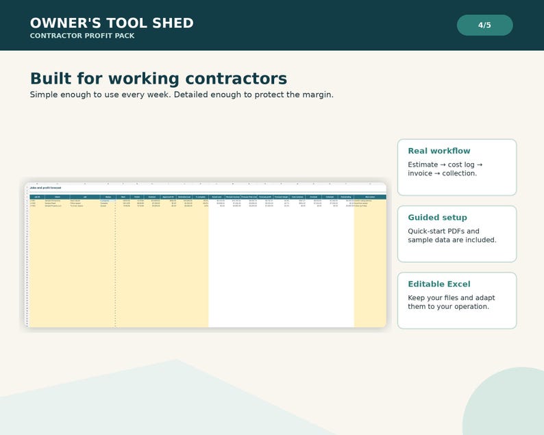 May include: A digital spreadsheet template titled Owner's Tool Shed Contractor Profit Pack. The interface displays columns for job tracking, cost logs, and invoices. Text boxes highlight features including real workflow, guided setup, and editable Excel files.
