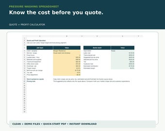 Può includere: Un foglio di calcolo digitale per il lavaggio a pressione intitolato Know the cost before you quote. L'interfaccia presenta un calcolatore di preventivi e profitti con colonne per input di lavoro, valori e risultati, inclusi costi e tasse.